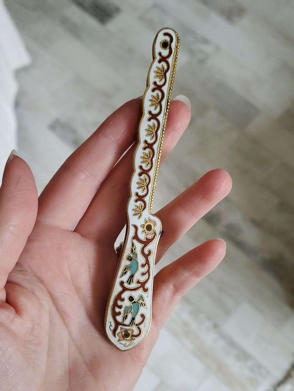 Antique White and Gold Enamel Bird Decorative Cloissone Metal Letter Opener